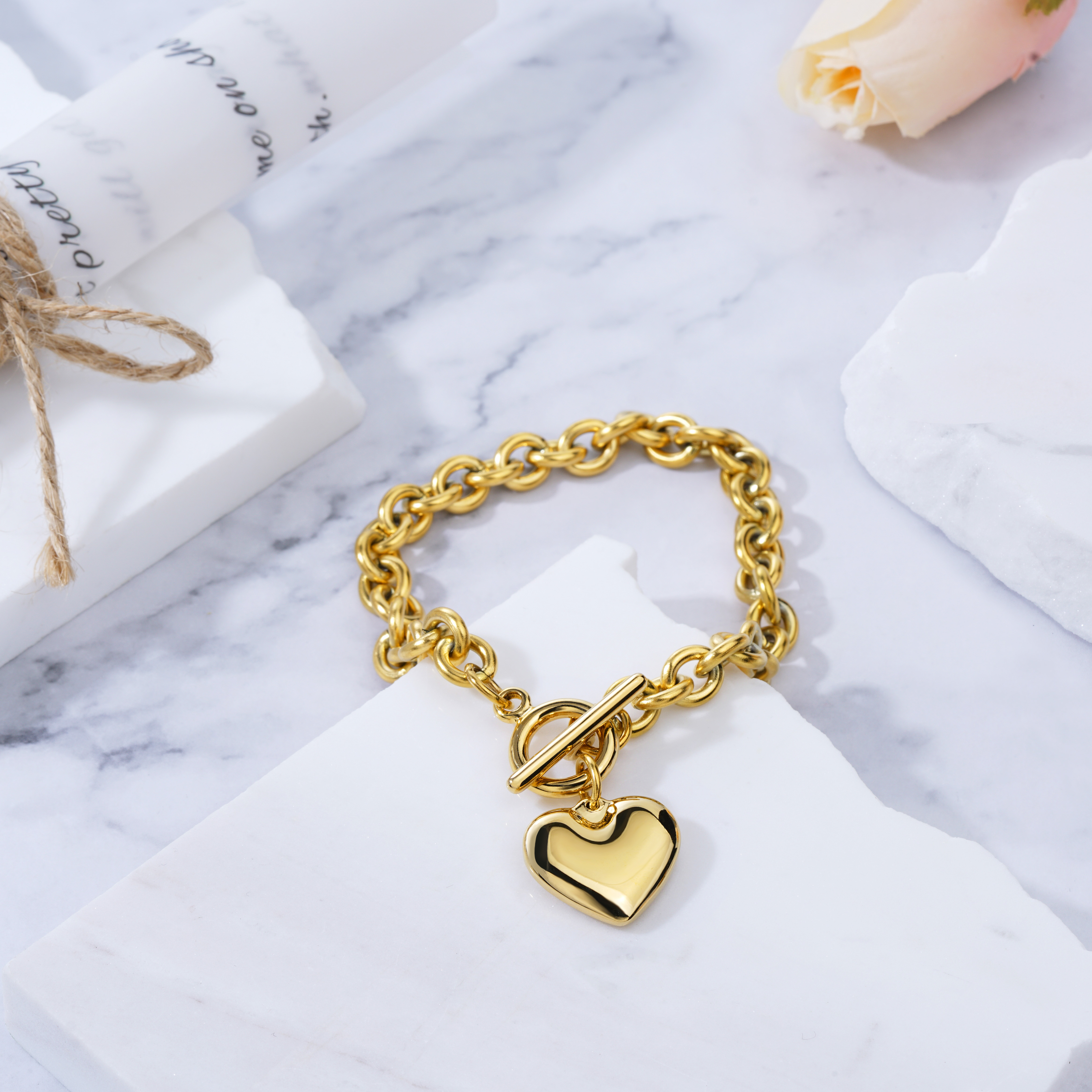 18K Gold Plated Stainless Steel Chunky Love Heart Pendant Necklace 