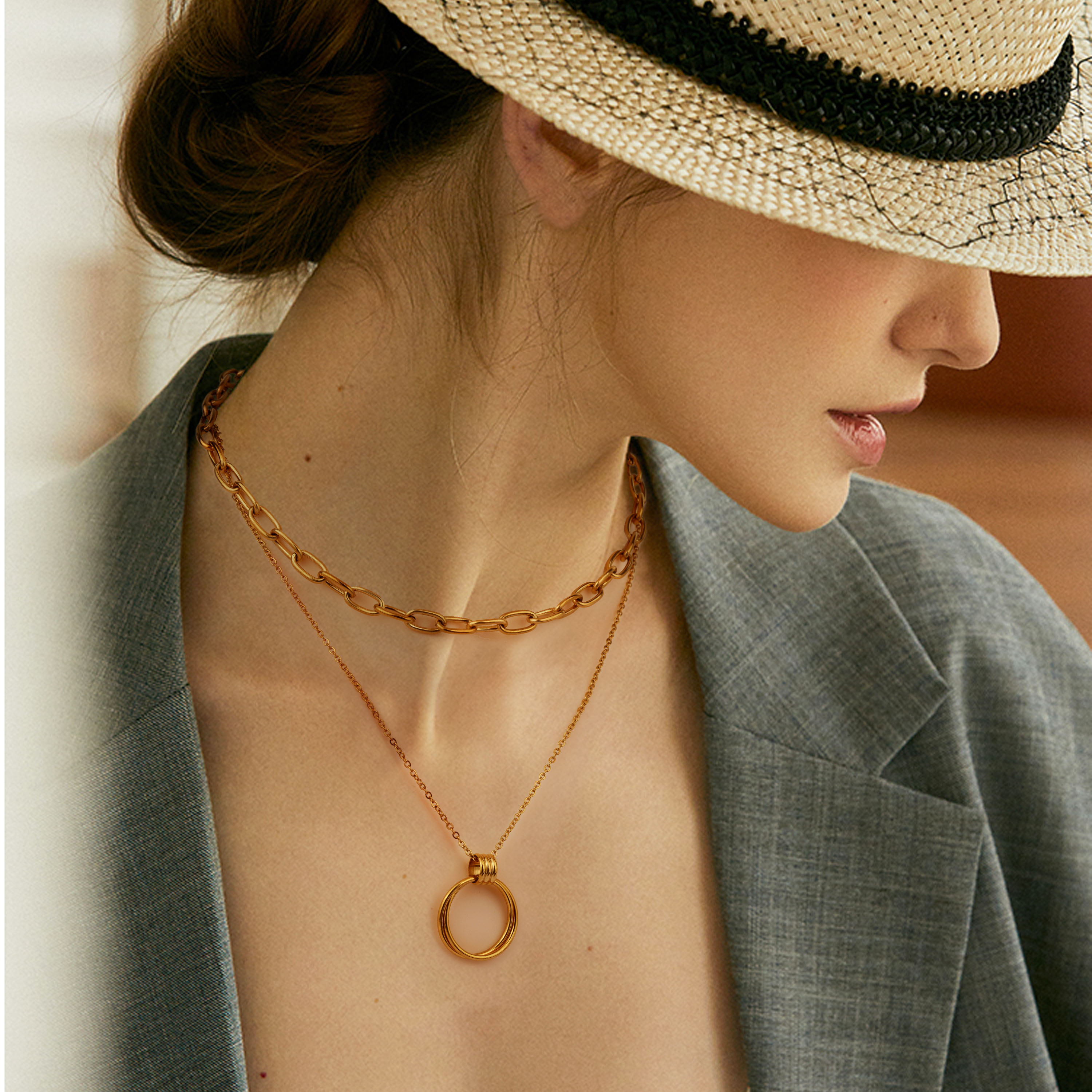 Custom Gold Plated Double Layer Stainless Steel Hollow Round Necklace 