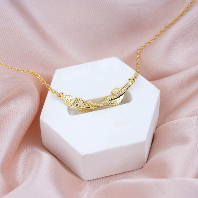 Dainty Gold Plated Curved Bar with CZ Crystal Feather Pendant Necklace