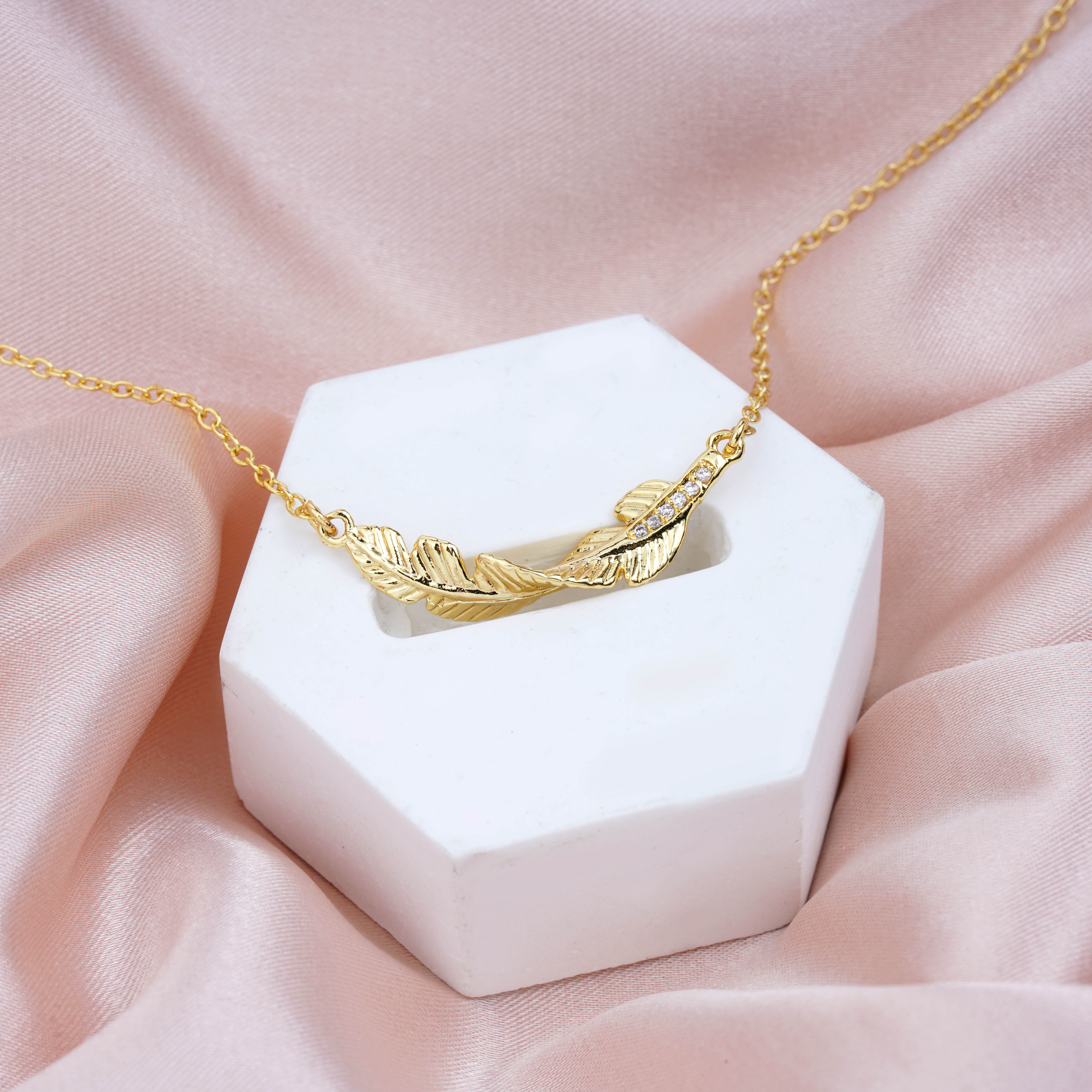 Dainty Gold Plated Curved Bar with CZ Crystal Feather Pendant Necklace