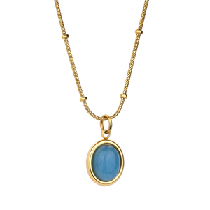 Stainless Steel 18K Gold Texture Light Luxury Star Sea Oval Sapphire Pendant Choker 