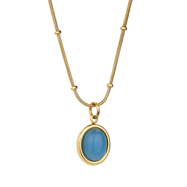 Stainless Steel 18K Gold Texture Light Luxury Star Sea Oval Sapphire Pendant Choker 