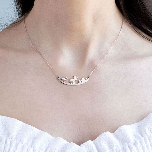 Cute Moose Elk Bear Wolf Animal Mountain and Tree Pendant Curved Bar Necklace 