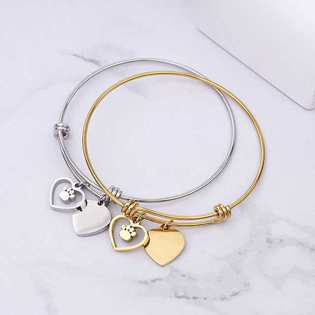 High Quality Stainless Steel Pet Cat Paw Expandable Bangle with Heart Charms 