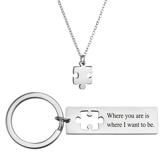 Custom Engraved Stainless Steel Jewelry Matching Puzzle Map Keychain Necklace