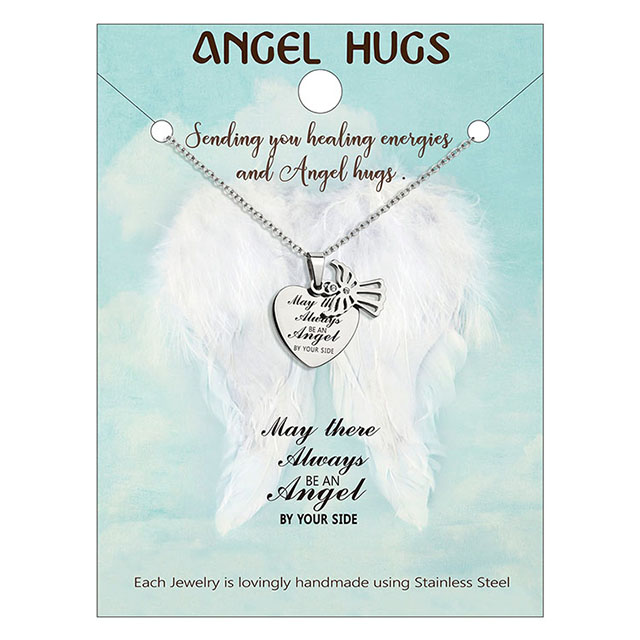 Engraved Stainless Steel Heart Angel Hugs Necklace 