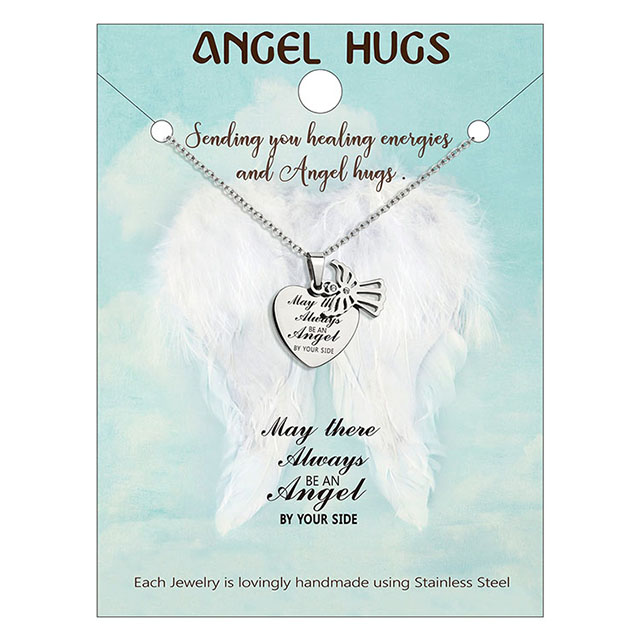 Engraved Stainless Steel Heart Angel Hugs Necklace 