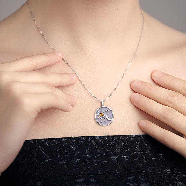 Sun and Moon Necklace with Birthstone for Women Silver Plated Dainty Coin Necklace Textured Sun Crescent Moon Medallion Pendant Coin Necklaces for Women Girls Birthday Jewelry Gift