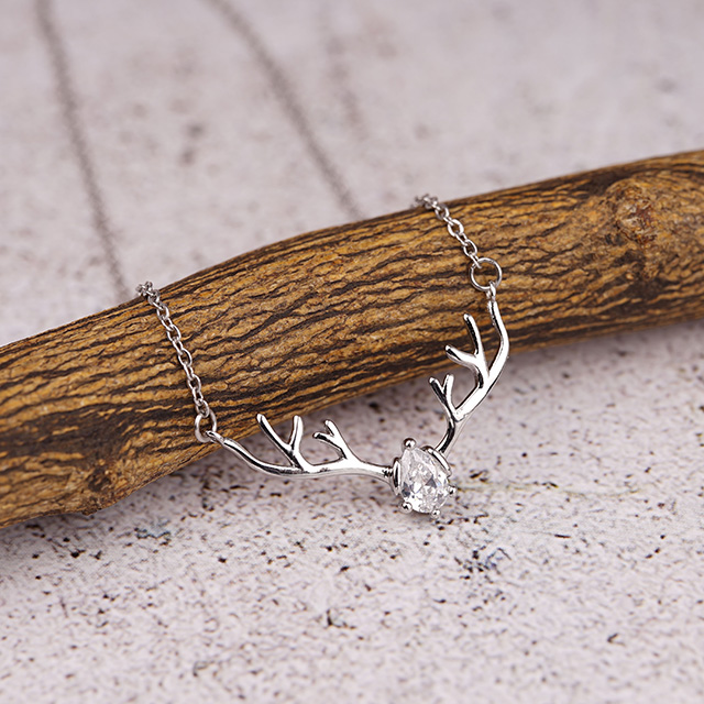 Deer Antlers Necklace for Women Dainty Silver Plated Teardrop Birthstone Deer Necklace 