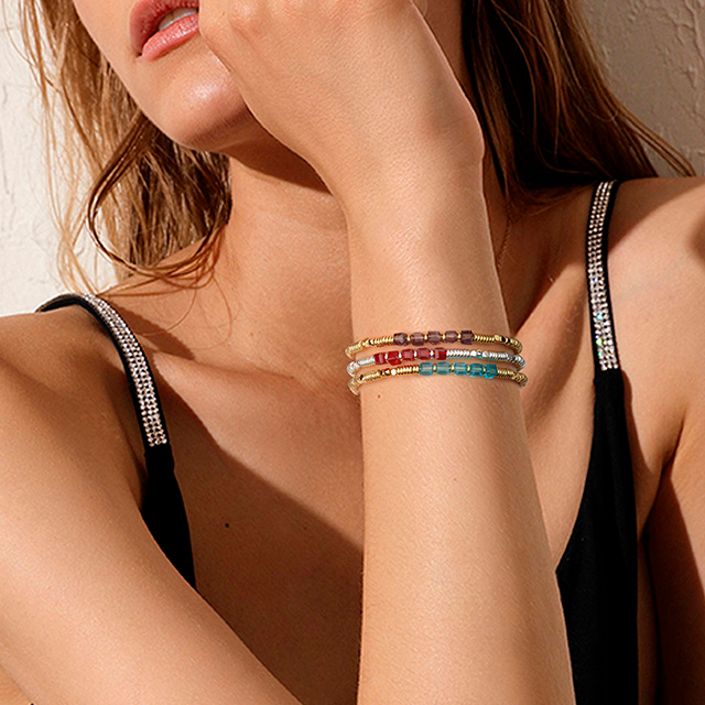 Dainty 18K Gold Plated Beaded Bracelets for Women Stackable Crystal Gemstone Beaded Stretch Bracelets for Women Girls Jewelry Gift