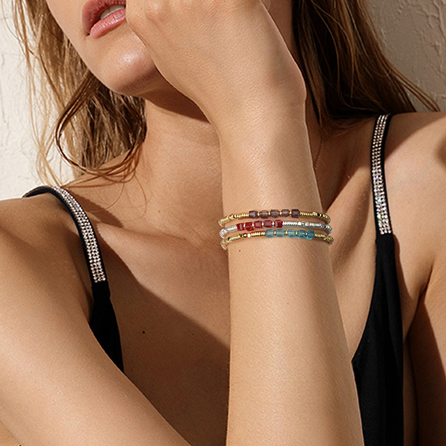 Dainty 18K Gold Plated Beaded Bracelets for Women Stackable Crystal Gemstone Beaded Stretch Bracelets for Women Girls Jewelry Gift