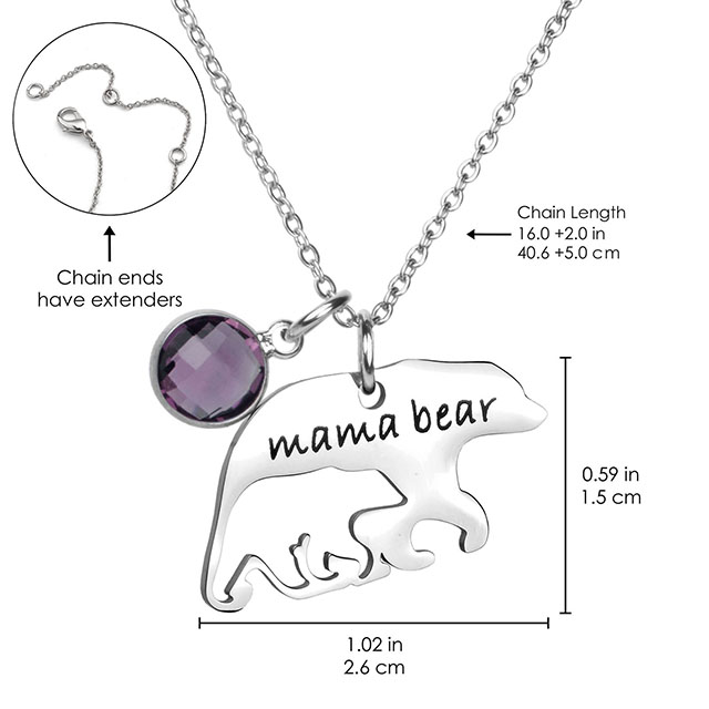 Mama Bear 12 Birthstone Necklace for Women Silver Plated Alaska Mama Bear 