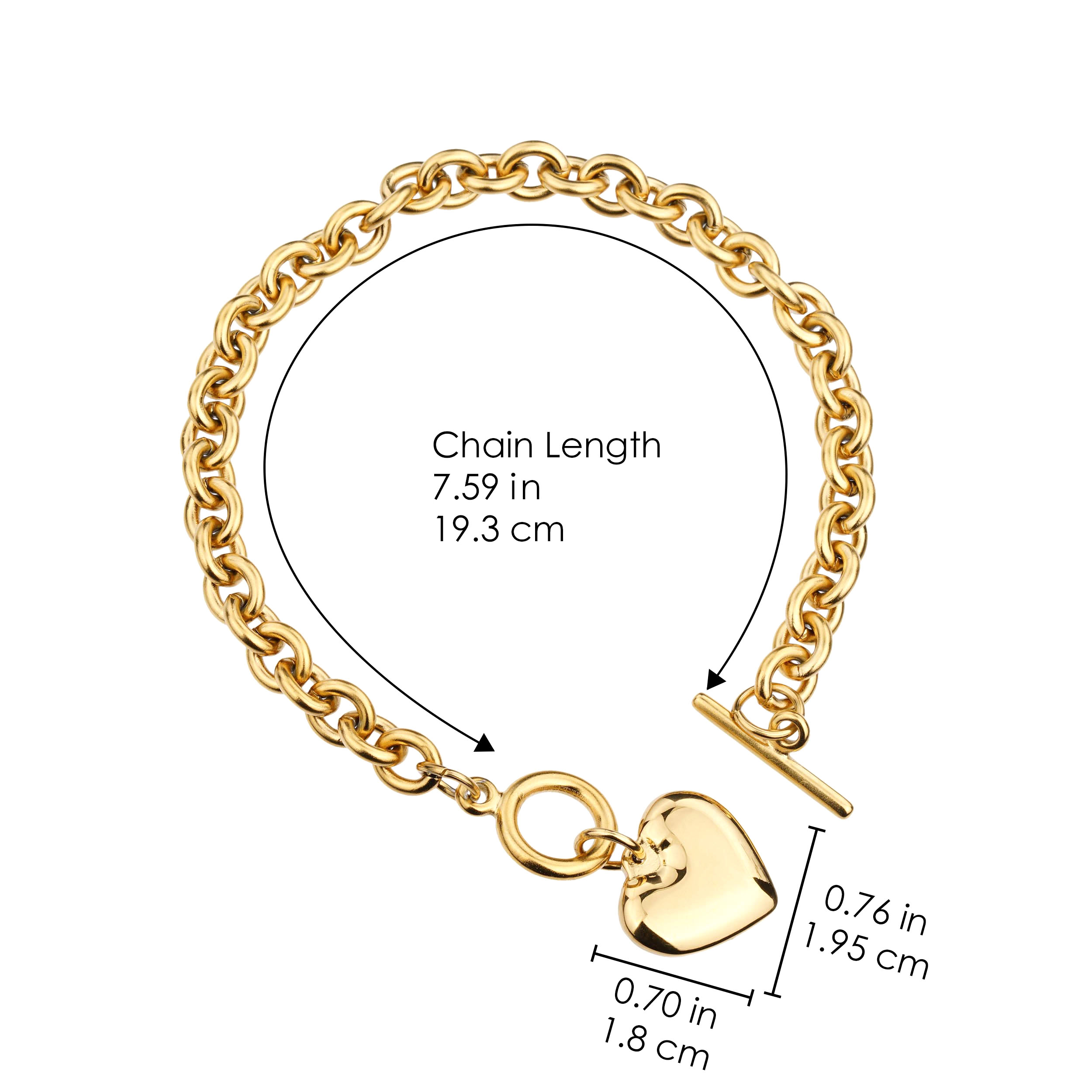 18K Gold Plated Stainless Steel Chunky Love Heart Pendant Necklace 