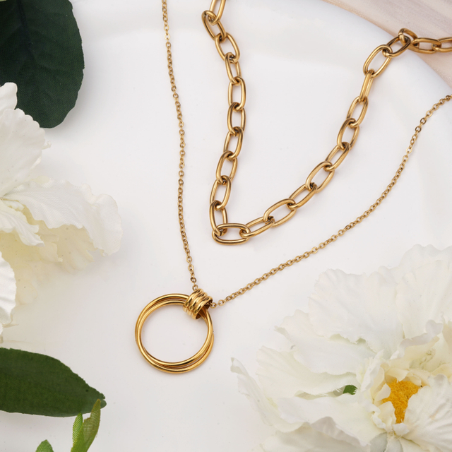 Custom Gold Plated Double Layer Stainless Steel Hollow Round Necklace 