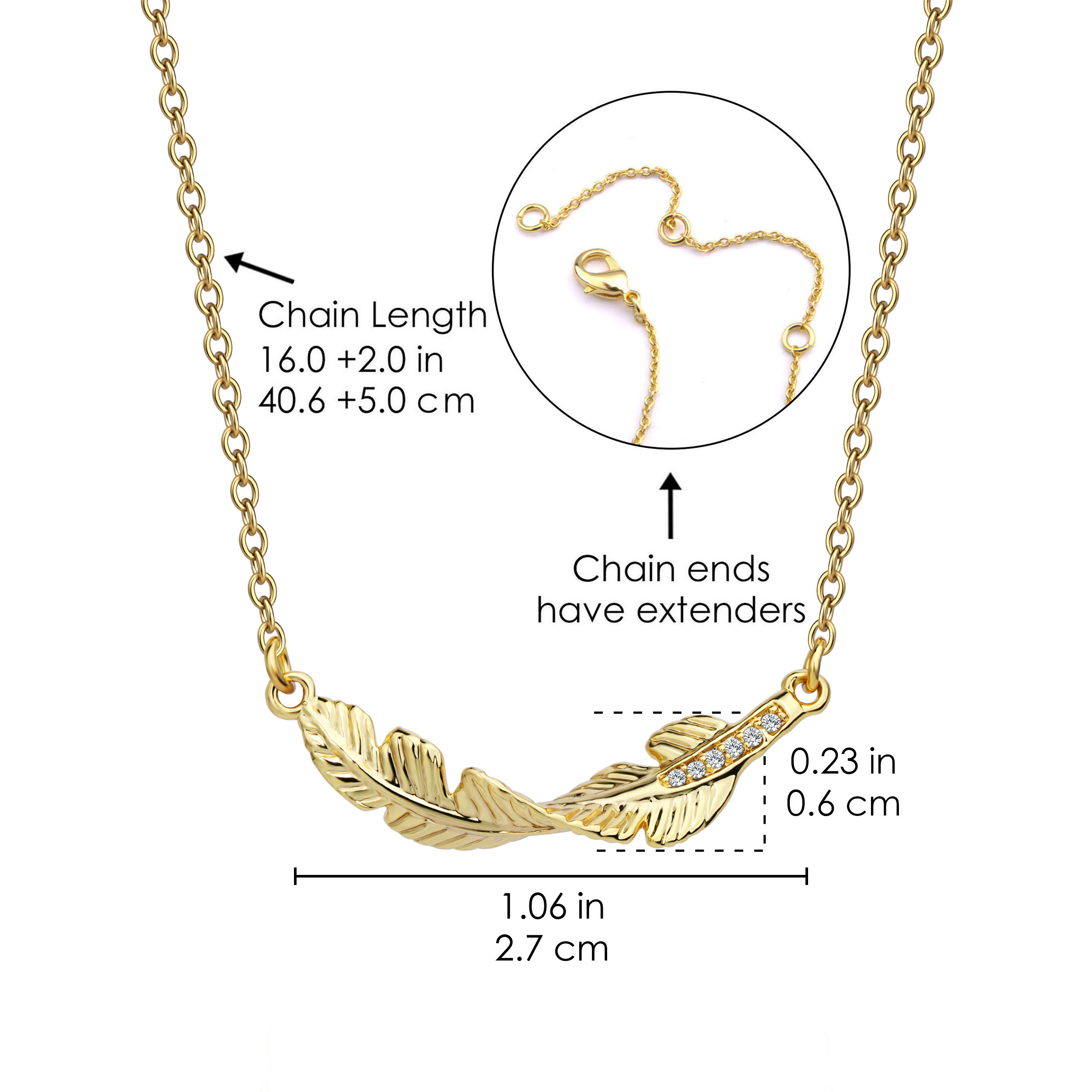 Dainty Gold Plated Curved Bar with CZ Crystal Feather Pendant Necklace
