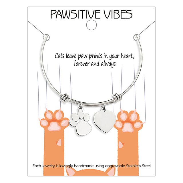 High Quality Stainless Steel Pet Cat Paw Expandable Bangle with Heart Charms 