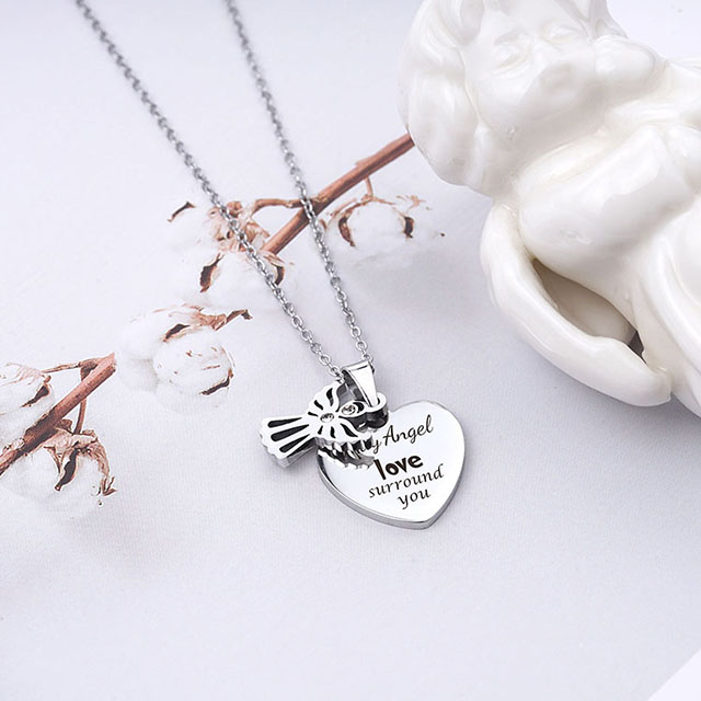 Engraved Stainless Steel Heart Angel Hugs Necklace 