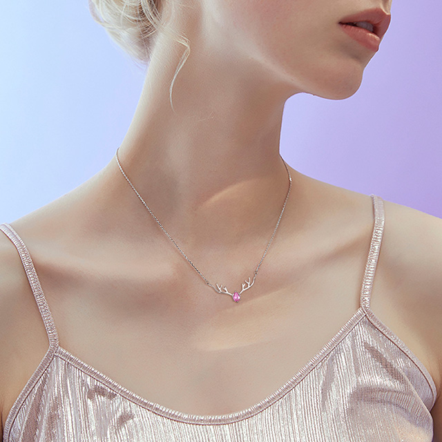Deer Antlers Necklace for Women Dainty Silver Plated Teardrop Birthstone Deer Necklace 