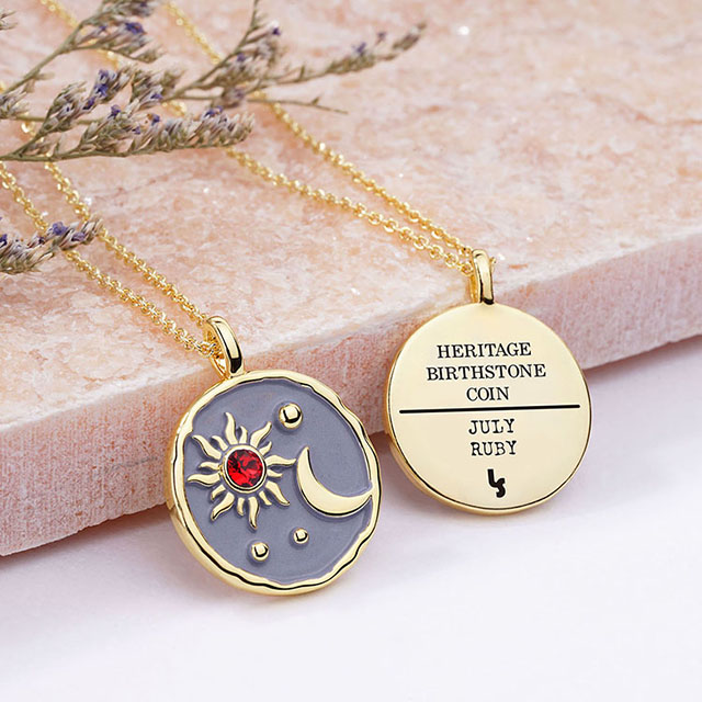 Sun and Moon Necklace with Birthstone for Women Gold Plated Dainty Coin Necklace Textured Sun Crescent Moon Medallion Pendant Coin Necklaces for Women Girls Birthday Jewelry Gift 