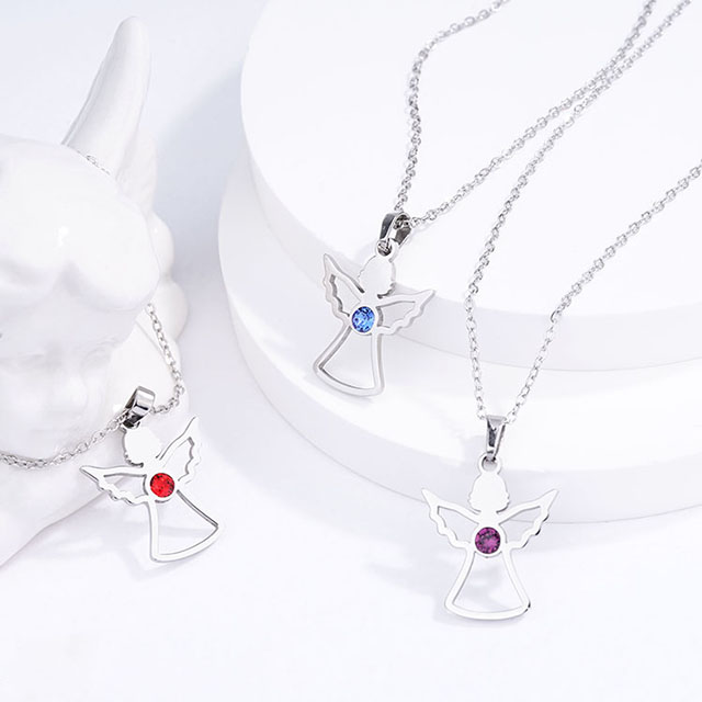 Birthstone Angel Necklace for Women Stainless Steel Angel Wing Necklace Pendant Cute Crystal Guardian Angel Necklaces for Women Girls Birthstone Necklace Jewelry Birthday Gifts 