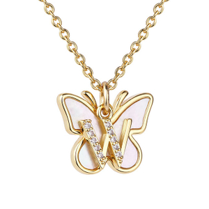 Butterfly Initial Necklace for Women Mother of Pearl Shell Butterfly Pendant Necklace with Cubic Zirconia 26 Letter Alphabet Butterfly Charm Chain