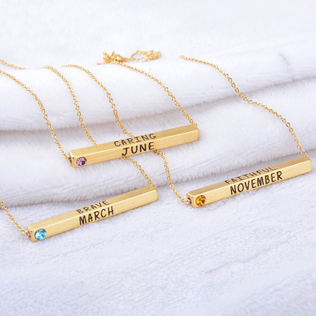 Birth Month Necklace plated real matt gold with Birthstone 4 Sided Horizontal Bar Pendant Charm Chain Necklace 