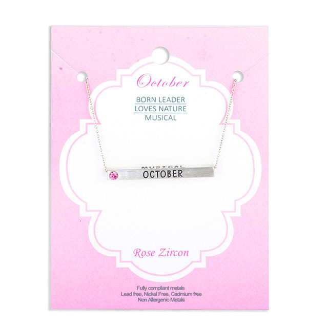 Birth Month Necklace plated real matt silver with Birthstone 4 Sided Horizontal Bar Pendant Charm Chain Necklace