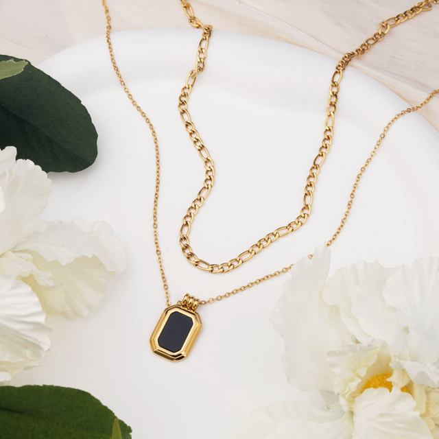 Stainless Steel 2 Layered Figaro Chain With Square Black Enamel Pendant Necklace 