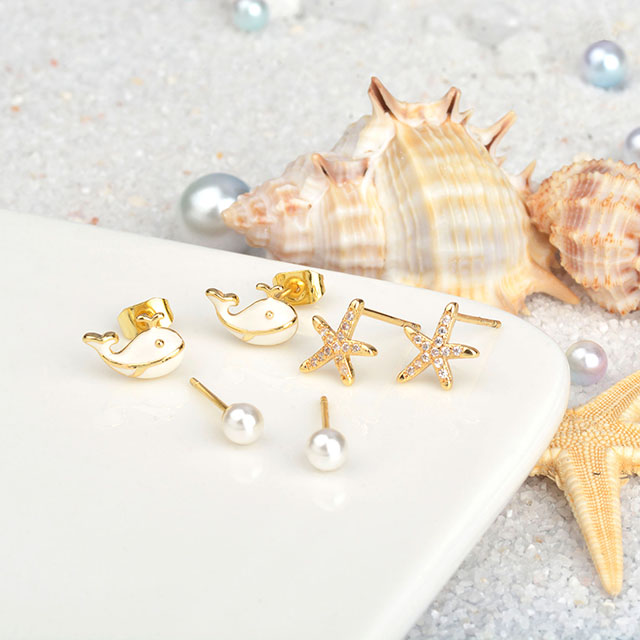 3 Pairs Beach Stud Earrings for Women 925 Sterling Silver Post Earrings