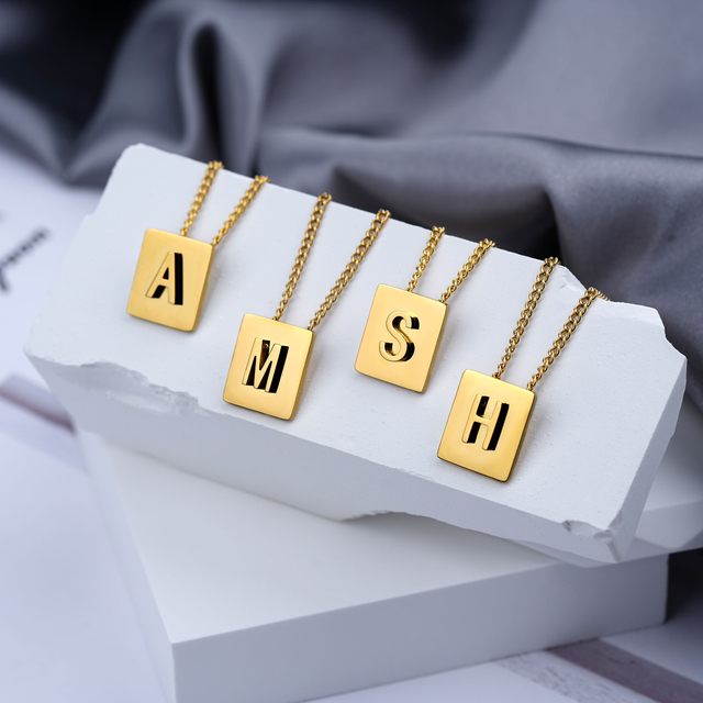 Capital A- Z Stainless Steel Chain For Women Initial Letter Square Pendant Necklace