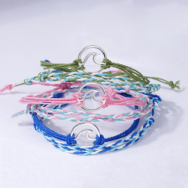 Custom Adjustable Couple Friendship Wave Charm Woven Fabric Bracelet
