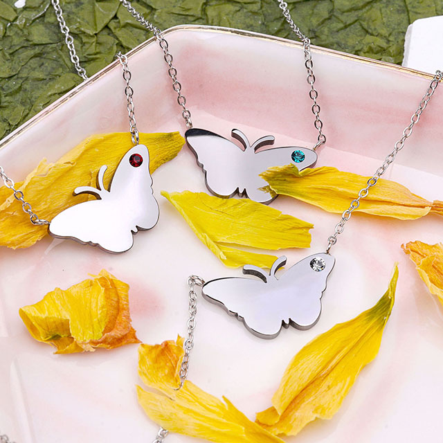 Stainless Steel Birthstone Butterfly Pendant Necklace