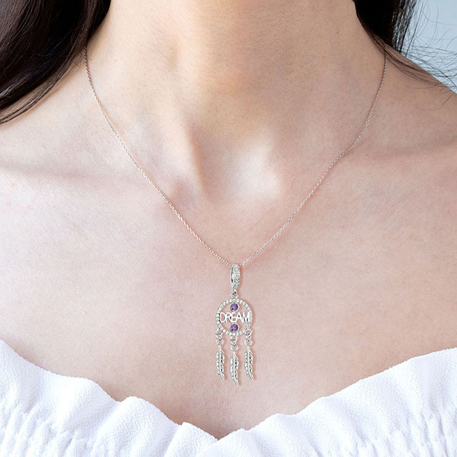 Birthstone Dream Catcher Necklace for Women Silver Plated Dainty Cubic Zirconia Necklace Feather Pendant Charm Dreamcatcher Necklaces for Women Girls Birthday Jewelry Gifts