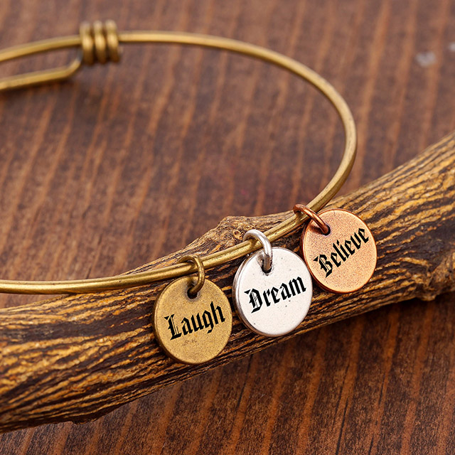 Inspirational Custom Charm Bracelet for Women, Engraved Expandable Wire Bangle Disc Charm Bracelets Motivational Personalized Gifts for Her