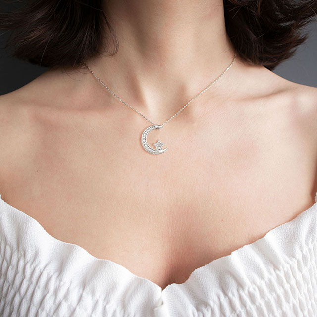  Moon Necklace for Women Silver Gold Plated Dainty Cubic Zirconia Crescent Moon Star Pendant Necklace Moon Jewelry for Women Girls Birthday Christmas Valentines Day Gift for Girlfriend